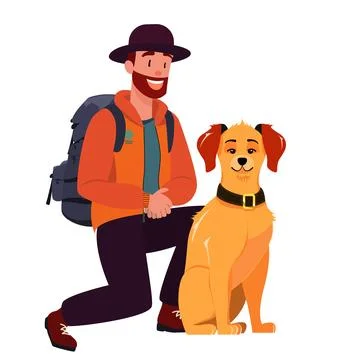 Man with Dog isolated vector drawing. Person in Orange Jacket and backpack, C Stock Illustration