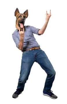 Man in Dog Mask Showing Rock and Roll Sign on White Background Stock Photos