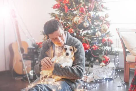 Man with dog near christmas tree Stock Photos