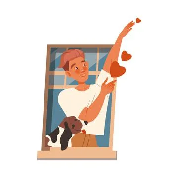 Man with Dog in Open Window Sending Love Heart to Neighbor Vector Illustration Ilustración de archivo