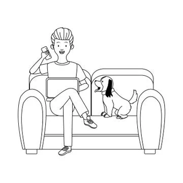 Man with dog using laptop and drinking coffee seated in sofa 库存插图