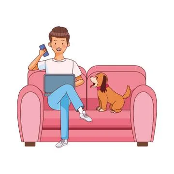 Man with dog using laptop and drinking coffee seated in sofa 库存插图
