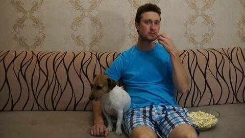 Man with dog watching tv Stock Footage 81504448