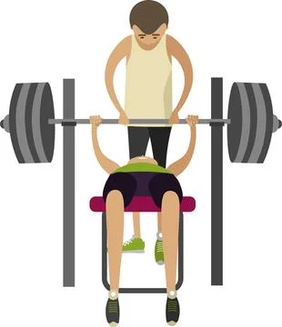 Man doing bench press using barbell with trainer help vector icon isolated on Stock Illustration