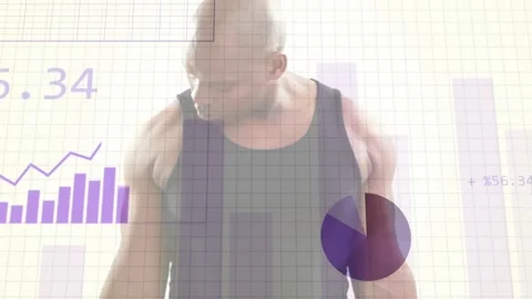 Man doing bicep curls against grid, raising weights and starting fitness charts, Stock Footage 333397231