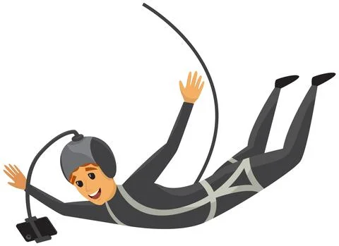Man is doing bungee jumping and making self photo during jump. Guy is engaged in Stock Illustration