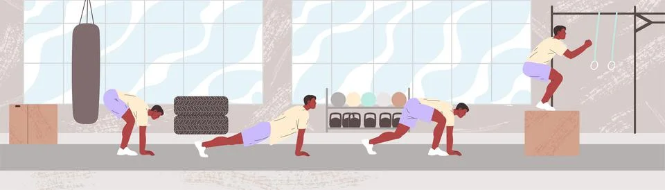 Man doing a burpee exercise. Endurance training. Step by step instructions Stock Illustration