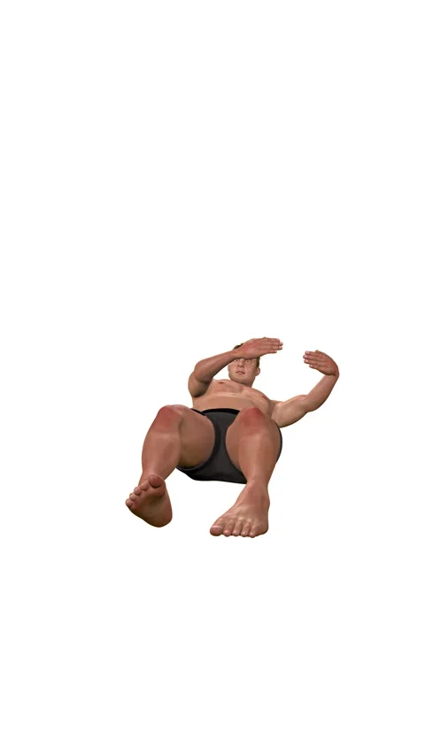 Man doing circles crunches to lose weight, loop, vertical video, against whi Stock Footage 334102010