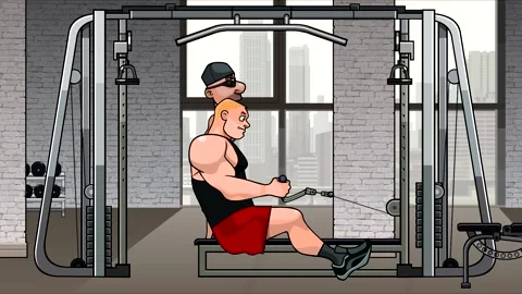 Man doing exercise sitting rowing on the simulator in the gym Stock Footage 150551051