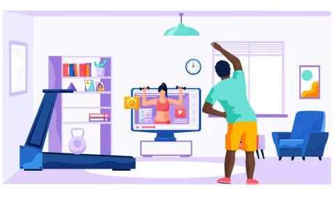 A man doing exercises at home front of the TV. Male goes in for sports on an Stock Illustration