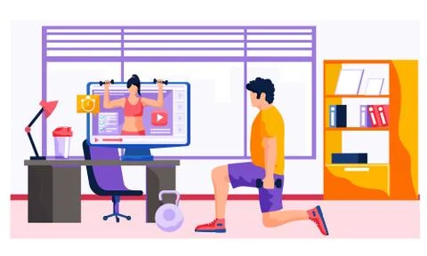 A man doing exercises at home front of the TV. Male goes in for sports on an Stock Illustration