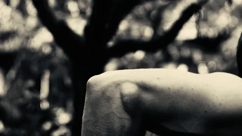 Man doing exercises presses on parallel bars Video stock 94877221