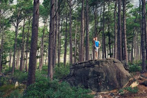 Man doing the extended hand to toe pose in a forest Stock Photos