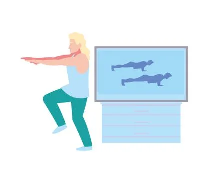 Man doing guided exercises on television Stock Illustration