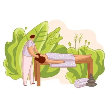 Man doing head massage and spa procedures for woman in cozy atmosphere with Stock Illustration