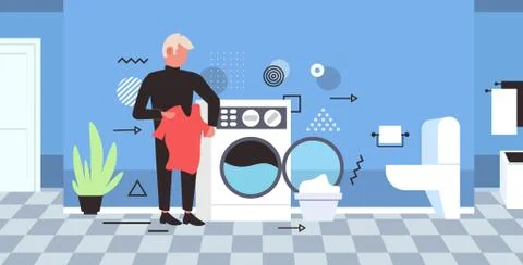 Man doing housework guy loading clothes in washing machine cleaning service c Illustrazione stock