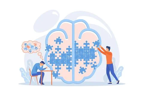 Man doing human brain puzzle. Psychology and psychotherapy session, mental .. Stock-Illustration