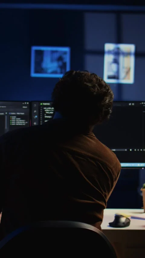 Man doing IT support job from home office, stretching after sitting at desk 스톡 동영상 264514204