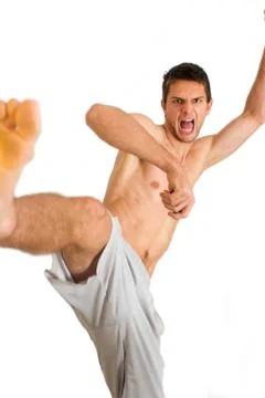 Man doing a karate kick Stock Photos