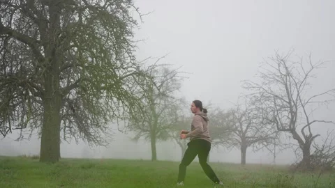 Man doing kickboxing training in a morning foggy field, late autumn. Slow motion Stock Footage 295815626