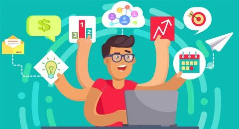 Man doing many tasks at same time. Male employee trying to deal with deadlines Ilustración de archivo