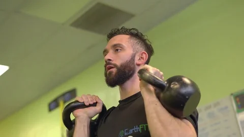 Man doing overhead press with kettle bells Stock Footage 73160180