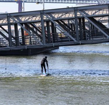 A man doing paddle on Tagus river, Portugal Stock-Fotos