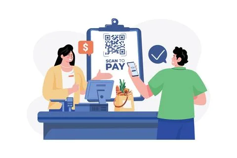 Man doing payment with QR scanner Stock Illustration