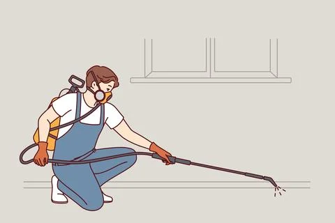 Man doing pest control using disinfection equipment and spraying liquid to kill Illustrazione stock