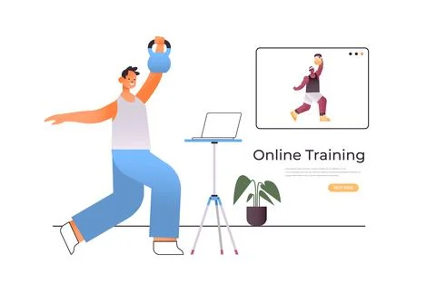 Man doing physical exercises while watching online video training program with イラスト素材
