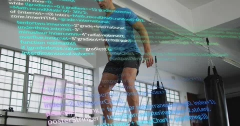 Man doing plyo box jump via squat swing, landing, stepping, scrolling code over Stock Footage 330980710