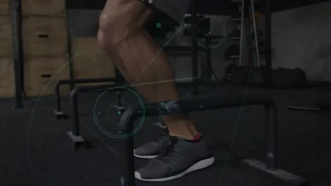 Man doing plyo hops, right foot initiating hop, training agility, overlays Stock Footage 330718343