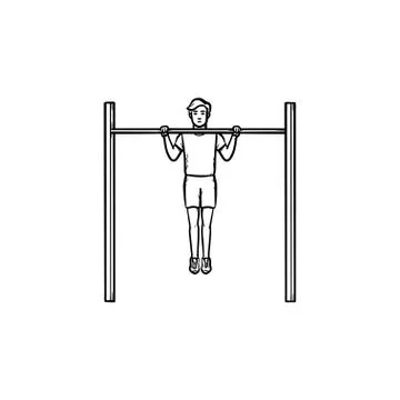 Man doing pull-ups hand drawn outline doodle icon. Stock Illustration