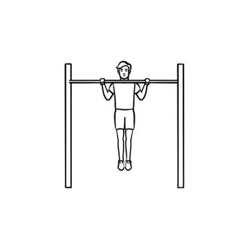 Man doing pull-ups hand drawn outline doodle icon. Stock Illustration