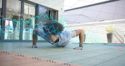 Man doing push-ups on balcony, starting low, overlay graphs rising, tracking Stock Photos