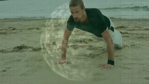 Man doing push-ups on beach with digital data processing animation over scene 動画素材 304760727