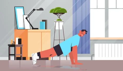 Man doing push ups exercises at home guy having workout cardio fitness training Stock Illustration