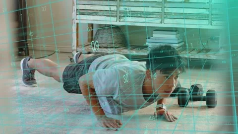 Man doing pushups from high plank, lowering then pressing up, teal grid Stock Footage 333336263