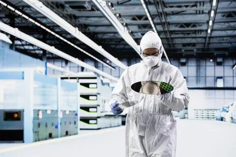 Man doing quality control on semiconductor substrates Stock Photos