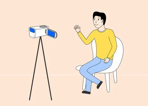 Man is doing recording. he is sitting in a chair with a camera in front of hi Stock Illustration