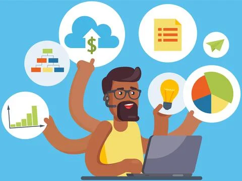 Man doing simultaneously many tasks. Male employee trying to deal with deadlines Ilustración de archivo