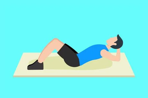 Man doing sit-up exercise for abdominal muscles vector. Young boy wearing a b Stock Illustration