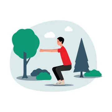 Man doing squats exercises outdoors in park flat vector illustration isolated. Ilustração Stock