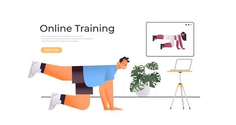 Man doing stretching exercises while watching online video training program with Illustrazione stock