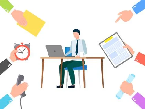 Man Doing Tasks on Laptop, Busy Manager at Office イラスト素材