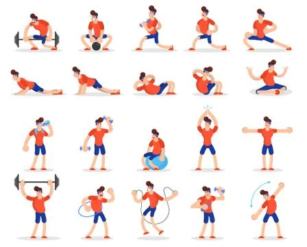 Man doing various sport exercise set. Training Illustrazione stock