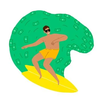 Man doing water surfing in ocean full of money vector illustration Ilustração Stock