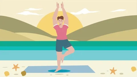 Man doing yoga on the beach. Physical exercise, yoga. 4K Resolution. Stock Footage 233841886