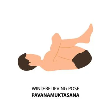 Man doing yoga wind-relieving pose flat illustration vector icon Stock Illustration
