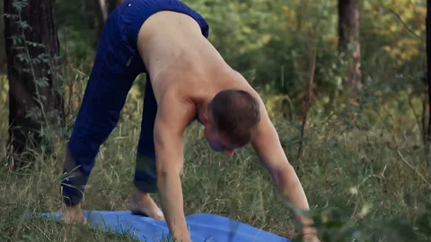 Man doing yoga in the woods Stock Footage 96380228